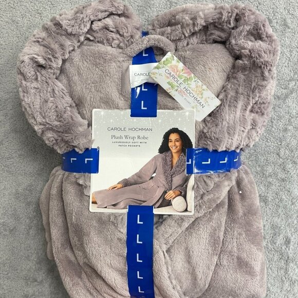 NEW Carole Hochman Plush Wrap Robe Women's L Gray Faux Fur Patch Pockets - Picture 2 of 6